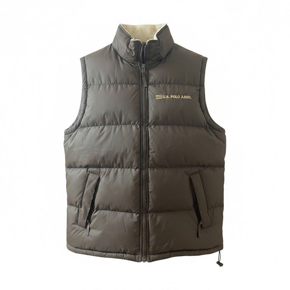 U.S. Polo Assn. Men's Brown Puffer Vest Full Zip Lined Stand-Up Collar L